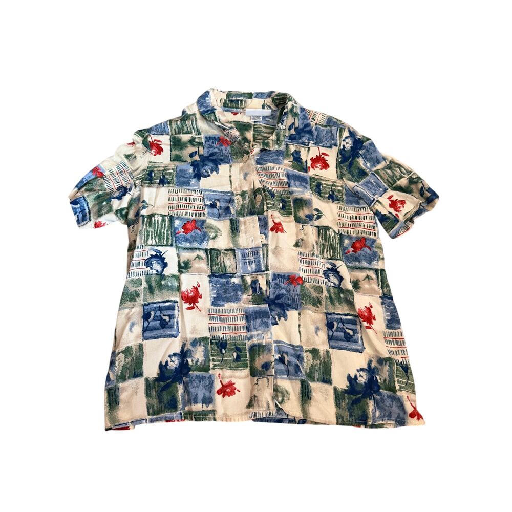 Vintage Alfred Dunner Petite 14 Button Up Blouse Floral Abstract Art Print